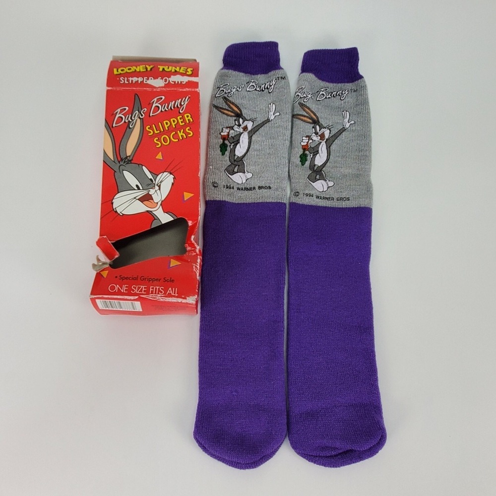 Vintage 1994 Bugs Bunny Looney Tunes Slipper Socks Purple Grey Gripper Sole OSFA